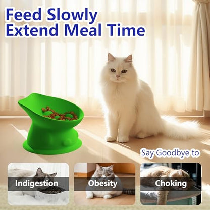 Slow Feed Cat Bowl, Elevated Cat Food Dish with Tilted Design, Dual-Use for Dry and Wet Food, Anti-Vomit, Anti-Choking, Easy to Clean - color: Green, size: Big