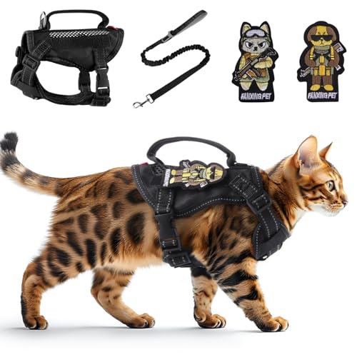 Cat Harness and Leash Set for Walking Escape Proof Adjustable Reflective Large Cat Tactical Harness with Patches Breathable Summer Vest Soft Mesh Padding Handle Easy to Control (Black, M) - size: M