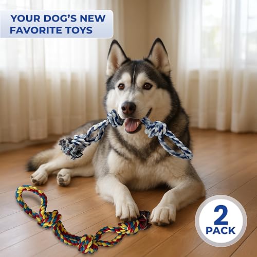 Pup Quartet Dog Rope Toy for Aggressive Chewers 2-Pack Tug of War Dog Toy with Thick Knots Heavy Duty Rop Toys for Dogs – Indestructible Rope Chew Toys for Medium & Large Dogs - color: blue/white and yellow/blue/red