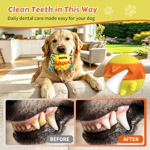 Dog Chew Toys Floating 4" Squeaky Ball for Aggressive Chewers Toothbrush Teething Cleaning Toys Outdoor Swimming Interactive Tough Toys with Treat Dispenser Ball for Medium and Large Dogs - color: Yellow