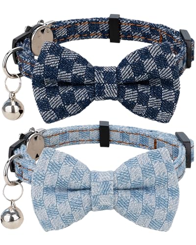 Cat Collar Breakaway Bowtie Safety with Bell Adjustbale Kitten Puppy Solid Plaid Color Set O-[2pcs] Denim - color: O-[2pcs] Denim
