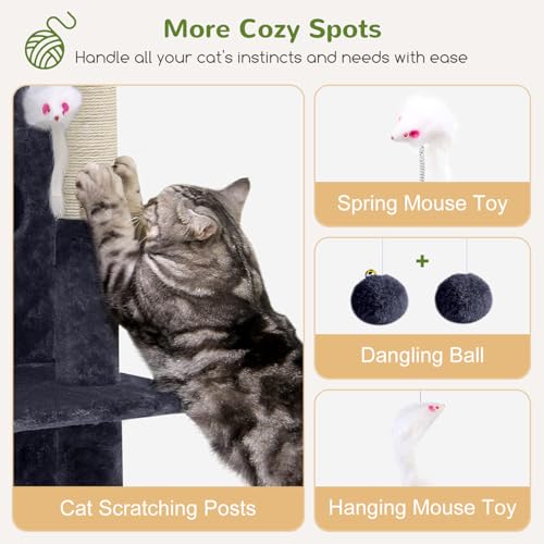 Globlazer Cat Tree Tower for Indoor Cats, 50-inch Adult Cat Tree House for Large Adult Cats with Steps, Scratching Post, 2 Cat Caves, Dangling Toys, FC50, Dark Grey - color: Dark Grey