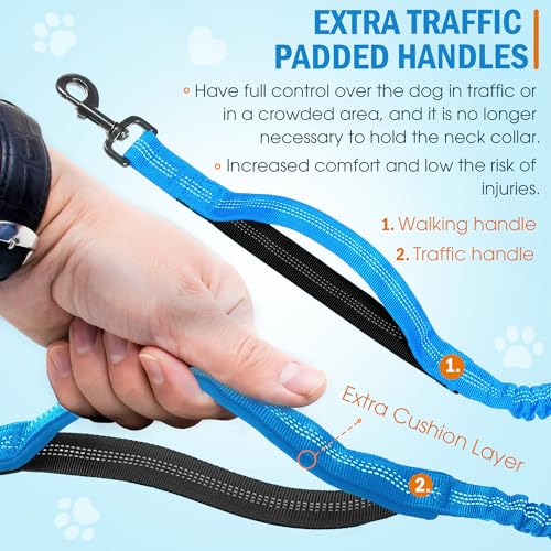 Hands Free Dog Leash with Waist Belt – No-Pull Bungee, Dual Padded Handles & Zipper Pouch for Running, Walking & Training – Adjustable Waist Leash for Large & Medium Dogs (Sky Blue) - color: Sky Blue