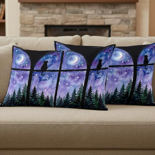 Throw Pillow Covers Set of 2 Night Window View Decor Pillow Covers with Zipper Cat Moon Forest Starry Sky Pillowcase Cushion Cover for Sofa Couch Bed Home 12x20 Inch - color: Blue, Purple, Black, size: 20" x 12" (Pack of 2)