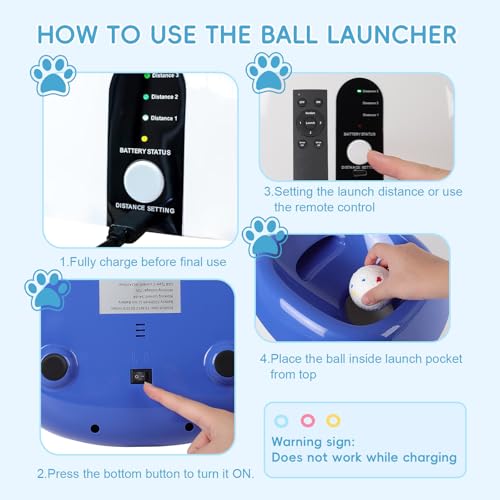 FAHKNS Automatic Ball Launcher for Large Dogs: 40/60/80FT Distance Dog Ball Thrower with Remote Control, 3 Adjustable Distances & Random Mode, 8 Pack 2.5" E-TPU Balls Included - size: 40-80FT for Large Dogs