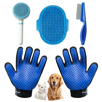 NVNAN 5 Piece Dog Grooming Brush Set with Grooming Gloves, Deshedding Comb & Massage Bath Brush | Dog Shampoo Brush - Multifunctional Pet Hair Removal Tools for Shedding, Bathing, Brushing (Blue) - color: Blue-4