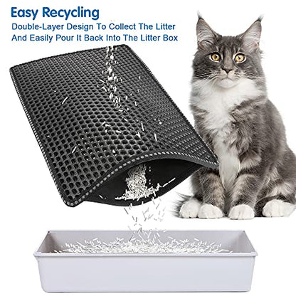 Cat Litter Mat Double Layer, Kitty Litter Trapping Mat with MiLi Rice-Shape Design, Waterproof & Urine-Proof EVA, Easy Clean Scatter Control Mat for Litter Box, 21" x 14", Black