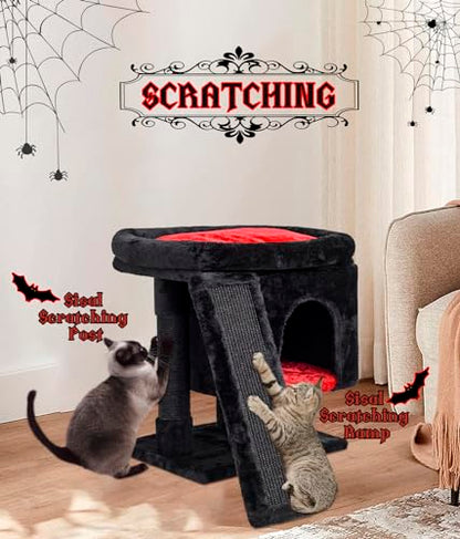 SYANDLVY Gothic Cat Tree with Coffin Bed for Indoor Cats, Cat Tower with Scratching Post, Modern Activity House for Large Cats, Condo with Board, Kittens Cave - color: Black & Red