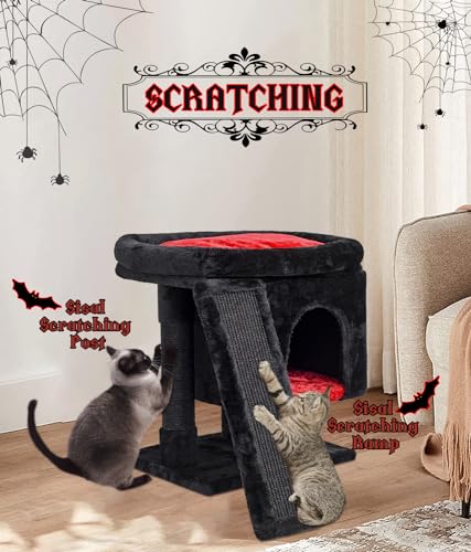 SYANDLVY Gothic Cat Tree with Coffin Bed for Indoor Cats, Cat Tower with Scratching Post, Modern Activity House for Large Cats, Condo with Board, Kittens Cave - color: Black & Red