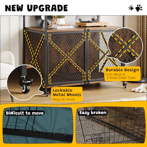 GarveeLife 41 in Dog Crate Furniture, Heavy Duty Decorative Dog Cage with Lockable 360° Wheels, Double Door Dog Kennel End Table for for Small Medium Large Dog, Rustic Brown