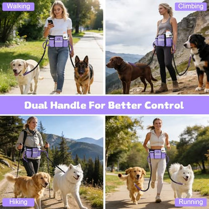Heavy Duty Hands Free Dog Leash with Zipper Pouch for Two Dogs, Waist Belt for Large Medium Dogs for Running, Walking, Jogging and Hiking, Dual Padded Handles and Durable Bungee (2 Dog Purple) - color: 2 Dog Purple