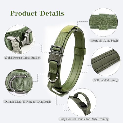 Tactical Dog Collar Adjustable Military Nylon Dog Collar with Control Handle and Heavy Duty Metal Buckle for Medium and Large Dogs (Green,S) - color: Green, size: Small (Pack of 1)