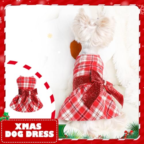 Dog Sweater Dress,Red Plaid Dog Dress Winter Clothes for Small Dogs Girl Fancy Sequin Puppy Fleece Lining Sweater Pet Coat Cat Apparel, XXS - color: Plaid Red, size: XX-Small (Chest 11.8 in)