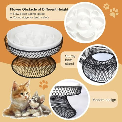 2PCS Raised Ceramic Cat Slow Feeder Bowl Elevated Food Bowl with Stand, Cat Slow Bowl for Wet Food and Dry Food,Slow Down Eating Speed, Whisker Friendly Pet Puzzle Feeder for Kitten and Small Dog - color: White Set of 2