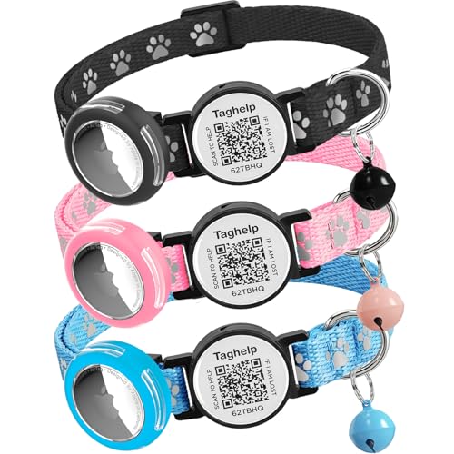 3 Pack Paw Print Cat Collars - Breakaway Safety Collar with Waterproof Apple AirTag Holder, Adjustable Kitten Collar Set - Ideal Pet Supplies & Gifts, No App (Black, Blue, Pink) - color: Paw Print - 3 Pack
