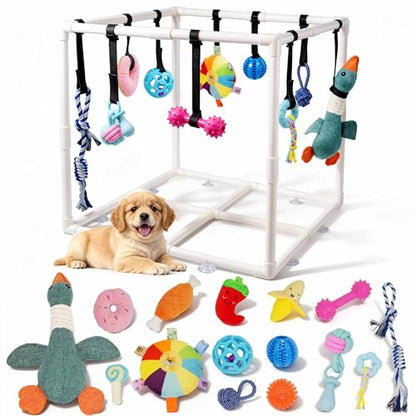 Puppy Play Gym with 15 Teething Toys, Indoor Jungle Gym with Puppy Toys to Keep Them Busy for Mental Stimulation, 23.2" Small Dog Play PVC Frame with Straps and Storage Bag