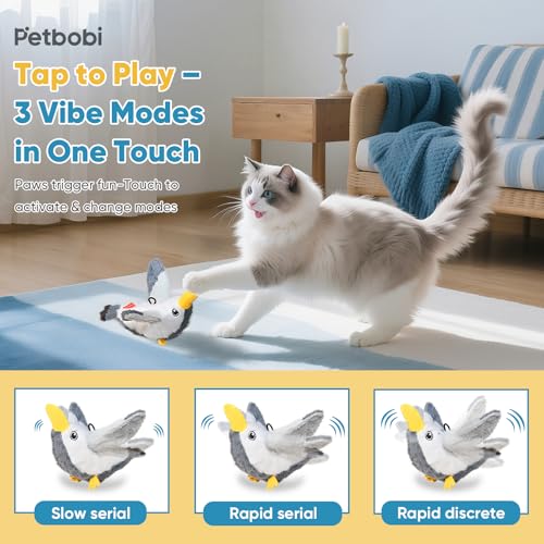 Petbobi Flapping Bird Cat Toys - Interactive Cat Toy with Flapping Wings(No-Flying) and Chirp Tweet, Rechargeable Motion-Activated Catnip Seagull Toys for All Breeds Kittens - color: Grey