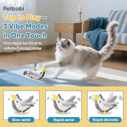 Petbobi Flapping Bird Cat Toys - Interactive Cat Toy with Flapping Wings(No-Flying) and Chirp Tweet, Rechargeable Motion-Activated Catnip Seagull Toys for All Breeds Kittens - color: Grey