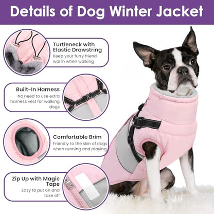 Small Dog Coat with Harness Built in, Warm Dog Jacket Winter with Zipper On Back, Waterproof Pet Snow Jacket Snowsuit Pet Sweater Clothes for Puppy, Pink XS - color: Pink, size: X-Small