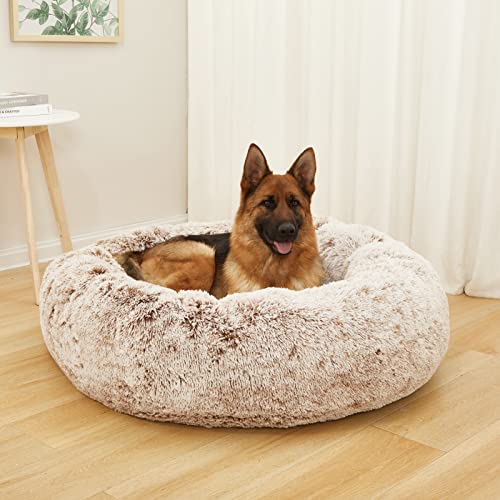 Bedfolks Calming Donut Dog Bed, 45 Inch Round Plush Bed for Extra Large Dogs, Anti-Anxiety, Washable with Non-Slip Bottom (Brown, Extra Large) - color: Brown, size: 45.0"L x 45.0"W x 10.0"Th