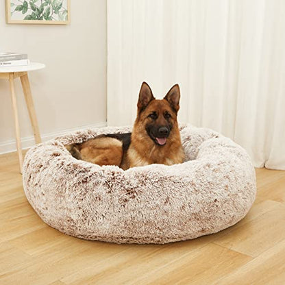 Bedfolks Calming Donut Dog Bed, 45 Inch Round Plush Bed for Extra Large Dogs, Anti-Anxiety, Washable with Non-Slip Bottom (Brown, Extra Large) - color: Brown, size: 45.0"L x 45.0"W x 10.0"Th