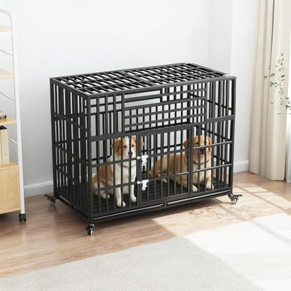 56 inch Heavy Duty Indestructible Dog Crate, Escape Proof Double Door Pet Kennel with Wheels and Trays, Chewproof High Anxiety Extra Large Dog Cage Indoor for Large Giant Dogs, XL/XXL - size: 55.5"L x 29.1"W x 46.1"H
