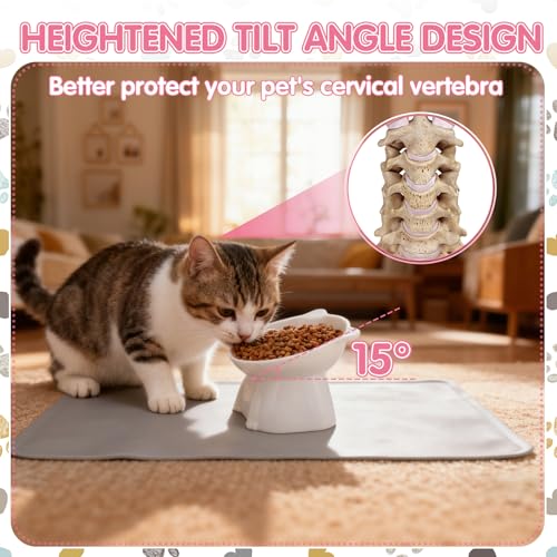 Elevated Cat Bowls 15° Raised Cat Bowl with Silicone Mat Whisker Friendly Anti Vomiting Cats Elevated Food and Water Bowls for Indoor Cats Kittens, Multicolor - color: Pink, Grey, White