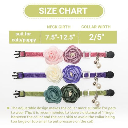 Cat Collars with Bell - 3 Pack Breakaway Floral Cute Cat Collars for Girl Boy Cats, Kitten, Puppy - Adjustable (7.5"-12.5") Soft Velvet Cat Collar Accessories - color: pink+green+purple