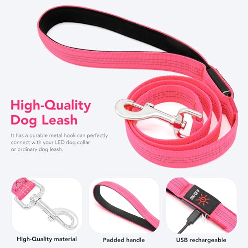 Colaseeme Light Up Dog Leash, LED Pet Leashes USB Rechargeable, Glow Safety Dogs Lights at Night (4FT,Pink) - color: Pink, size: 4FT