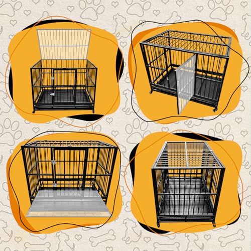 46" Heavy Duty Dog Crates Dog Cage for Large Dogs with Lockable Wheels Removable Tray Escape Proof Dog Cage Dog Kennel Indoor and Outside Suitable for High Anxiety Dogs Double Doors 94.1lbs