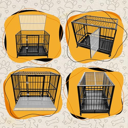 46" Heavy Duty Dog Crates Dog Cage for Large Dogs with Lockable Wheels Removable Tray Escape Proof Dog Cage Dog Kennel Indoor and Outside Suitable for High Anxiety Dogs Double Doors 94.1lbs