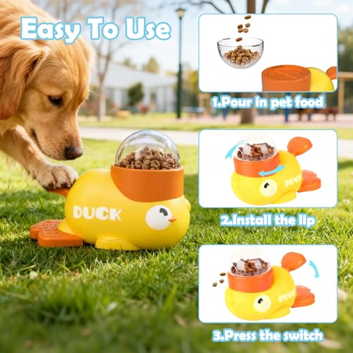 2 in 1 Dog Interactive Treat Dispenser Toy - Durable Food Puzzle Slow Feeder, Duck Shape Enrichment Toys with Button, Mentally Stimulating Toys for Dogs/Cats/Pets