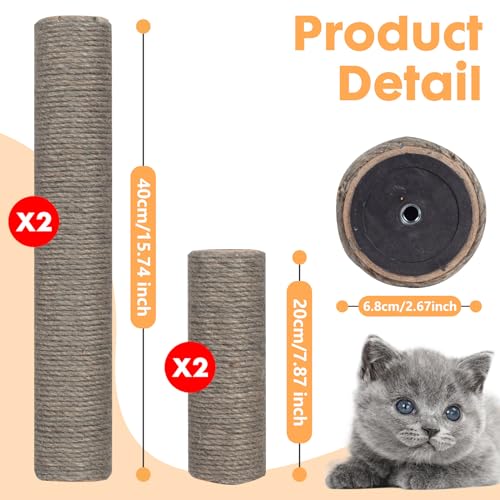 Cat Scratching Post Replacement, 4 Pieces Cat Scratcher Cat Tree Replacement Parts, 15.4'' x 2.67" Dia + 7.87“ x 2.67" DiaNatural Sisal Rope Cat Scratch Posts Include M8 Screws, Grey - color: Grey