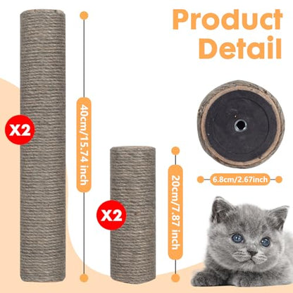 Cat Scratching Post Replacement, 4 Pieces Cat Scratcher Cat Tree Replacement Parts, 15.4'' x 2.67" Dia + 7.87“ x 2.67" DiaNatural Sisal Rope Cat Scratch Posts Include M8 Screws, Grey - color: Grey