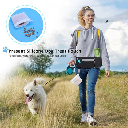 Dog Treat Pouch for Leash Waist Belt Bag, Premium Dog Treat Bag for Dogs Training Puppy Walking Fanny Pack with Divider Zipper Carrier Pocket, Water Bottle Holder, Silicone Insert,Clip,Black - color: black