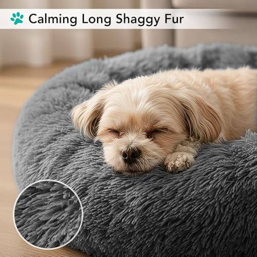 PetAmi Calming Dog Bed for Small & Medium Dogs and Cats, 30 Round Donut Dog Bed, Washable Fluffy Faux Fur Puppy & Cat Bed, Anti-Anxiety Plush Cuddler Pet Bed with Anti-Slip Bottom - Dark Gray - color: Gray, size: Medium - 30"