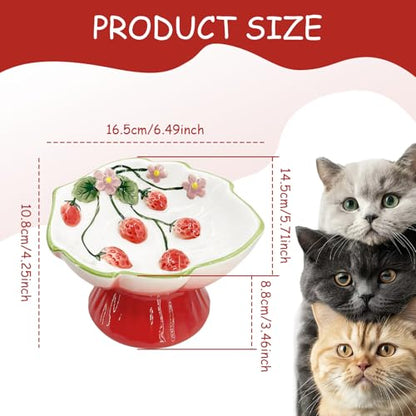 Ceramic Strawberry Elevated Cat Bowls, Tilted Raised Pet Dish for Anti Vomit, Spine Protection, Whisker Friendly - Excellent Raised Food and Water Bowl for Indoor Cats, Flat-Faced Cats (Red) - color: Red