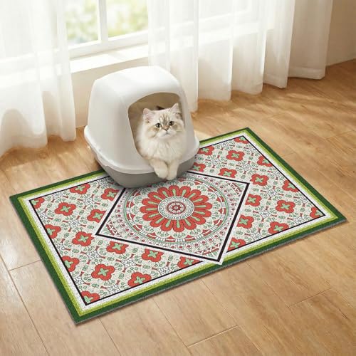 Bohemian Kitty Litter Mat 24"x17",Non-Slip Litter Box Mat, Washable Cat Litter Rug Catcher,Double-Layer Litter Trapping Mat for Scatter Control, Easy Clean Cat Food Mat & Floor Protector - color: Red + Green, size: 24“ X 17”
