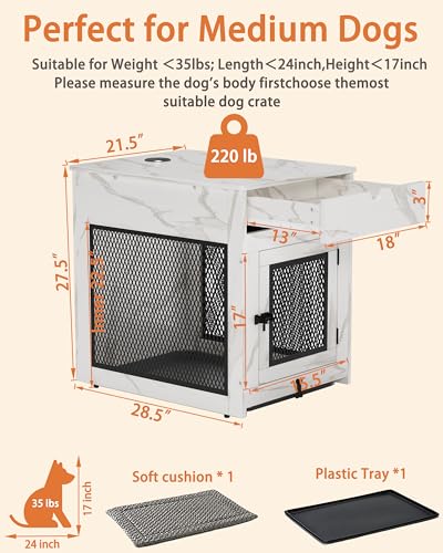 Dog Crate Furniture,Wooden Dog Crate End Table with Storage Drawer&Cushion&Tray, QC3.0 Wireless Charging,Dual USB,Medium Dogs Marble White - color: Marble White, size: 28.5"L x 21.5"W x 30.5"H