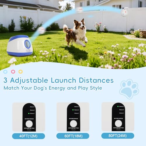 FAHKNS Automatic Ball Launcher for Large Dogs: 40/60/80FT Distance Dog Ball Thrower with Remote Control, 3 Adjustable Distances & Random Mode, 8 Pack 2.5" E-TPU Balls Included - size: 40-80FT for Large Dogs