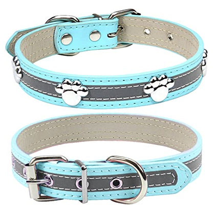PETCARE Reflective Dog Collar with Cute Paw Rivet Studded Funny Soft PU Leather Adjustable Puppy Dog Collars for Small Medium Large Dogs Cats (Blue,Large) - color: Blue, size: L( Neck 11.81"-14.17")