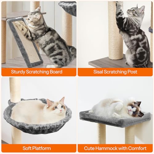 HOOBRO Cat Tree with Litter Box Enclosure, 44" Tall Wooden Cat Tower with Scratching Posts, Cat Hammock, Hidden Litter Box Furniture, All-in-One Indoor Cat Condo, Greige BG48MZ03 - color: Greige