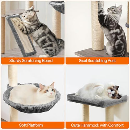 HOOBRO Cat Tree with Litter Box Enclosure, 44" Tall Wooden Cat Tower with Scratching Posts, Cat Hammock, Hidden Litter Box Furniture, All-in-One Indoor Cat Condo, Greige BG48MZ03 - color: Greige