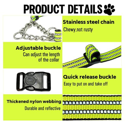 Martingale Dog Collars, Reflective Nylon Collar with Stainless Steel Chain, Adjustable Walking Training Dog Collars with Quick Release Buckle, Suitable for Small Medium Large Dogs(Green,M) - color: Green, size: Medium-(dog's neck 13~16.5inches)