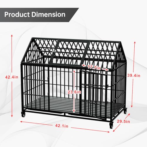 42" Heavy Duty Dog Crate Large Dog cage Strong Metal Dog Kennels and Crates for Large Dogs Top Open with 2 Doors 4 Lockable Wheels 2 Removable Trays - size: 42 inch - Exact