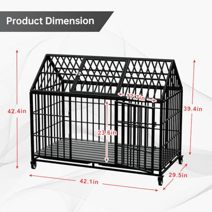 42" Heavy Duty Dog Crate Large Dog cage Strong Metal Dog Kennels and Crates for Large Dogs Top Open with 2 Doors 4 Lockable Wheels 2 Removable Trays - size: 42 inch - Exact