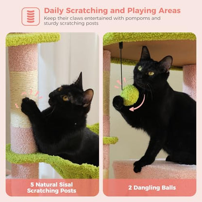 71.2 Inches Flower Tall Cat Tree for Large Cats, Multi-Level Cat Tower with 2 Cozy Condos, Super Large Top Perch, 3 Hammocks, Sisal Scratching Posts and 2 Pompoms, Pink - color: Pink, size: 71.2 Inches