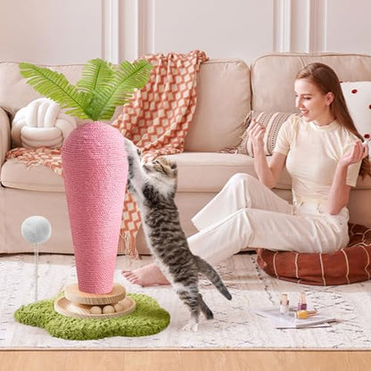 Cute Cat Scratching Post, Carrot Cat Scratcher Post with Durable Natural Wooden Turntable Toy and Catnip, 24'‘ H Carrot Shape Design Sisal Cat Tree Sisal Scratcher for Indoor Cats (Cloud Base) - color: Pink Carrot