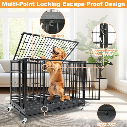 Homey Pet Heavy Duty Dog Crate for Large Dogs, 47 Inch Stackable Large Dog Cage with 4 Wheels, 2 Removable Trays and Grids, Multi Locks Strong & Solid Escape Proof Dog Kennel Indoor - size: 46.5"L x 28.5"W x 35"H