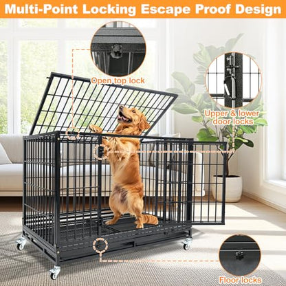 Homey Pet Heavy Duty Dog Crate for Large Dogs, 47 Inch Stackable Large Dog Cage with 4 Wheels, 2 Removable Trays and Grids, Multi Locks Strong & Solid Escape Proof Dog Kennel Indoor - size: 46.5"L x 28.5"W x 35"H